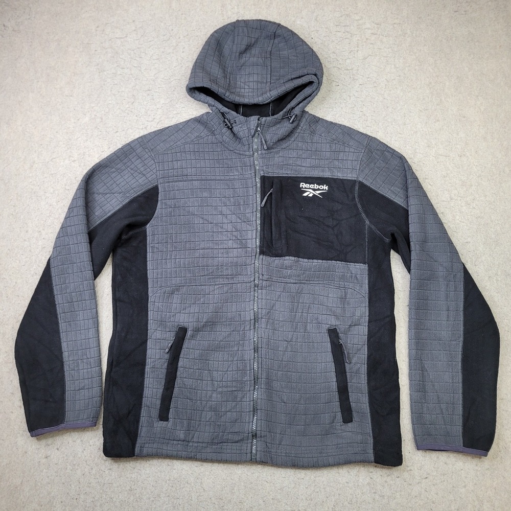 Reebok Full Zip‎ Fleece Jacket Mens Large Gray Hooded Full Zip Pockets Textured